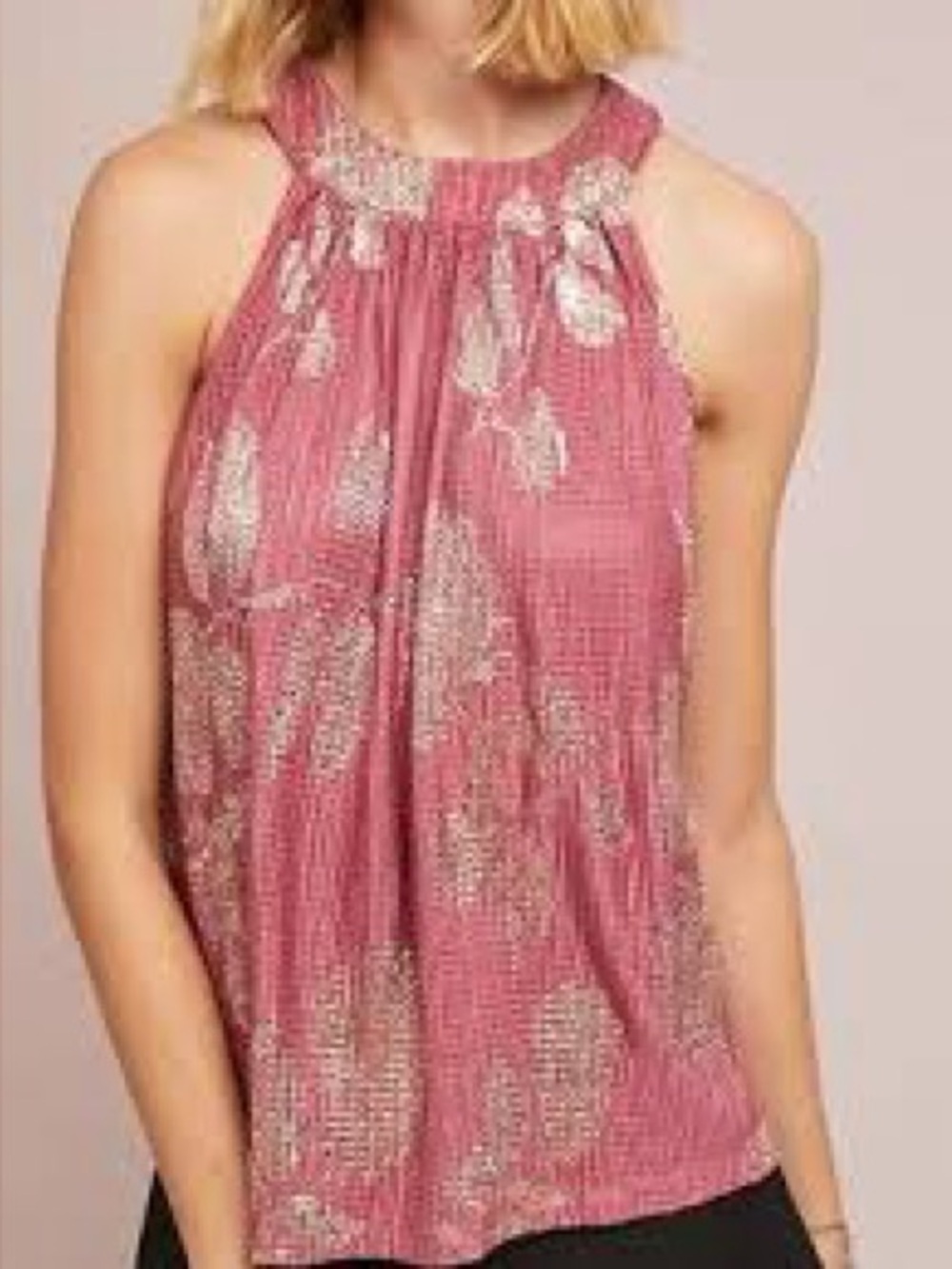 Anthropologie Feather Bone Pink/ Gold Mauve Sparkly Floral Halter